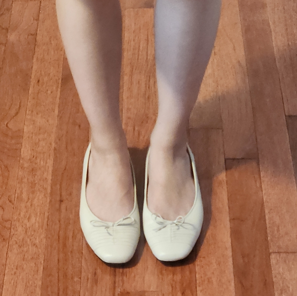 Cream Real Leather Bow Ballet Flats